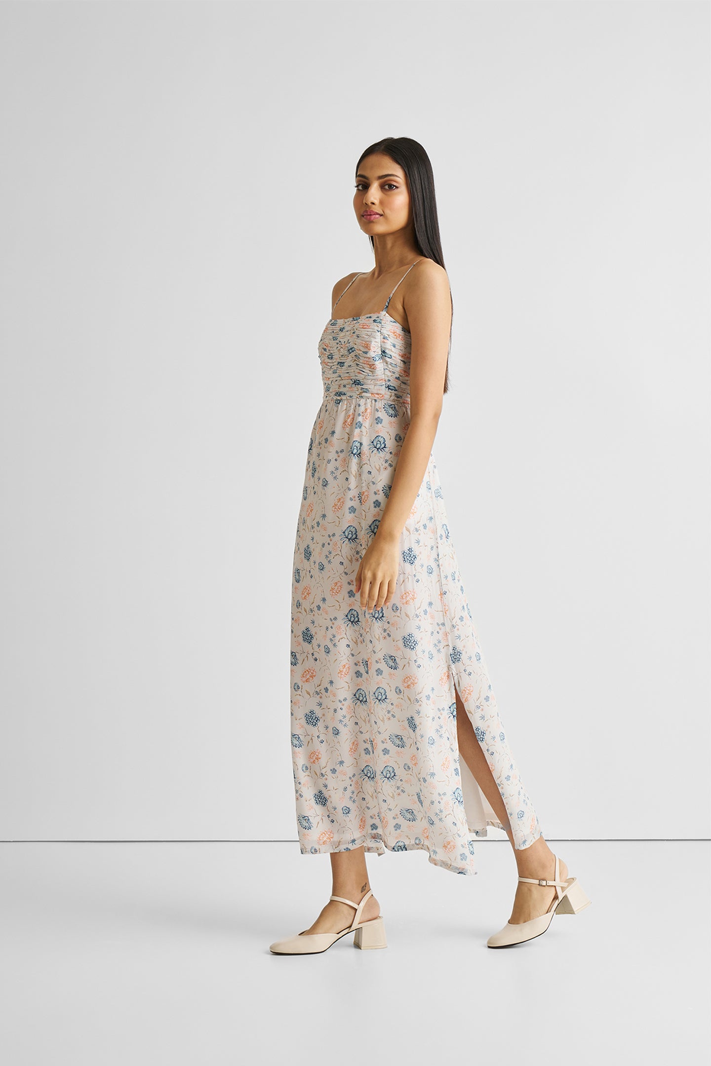 Ruched Floral Strappy Maxi Dress-2