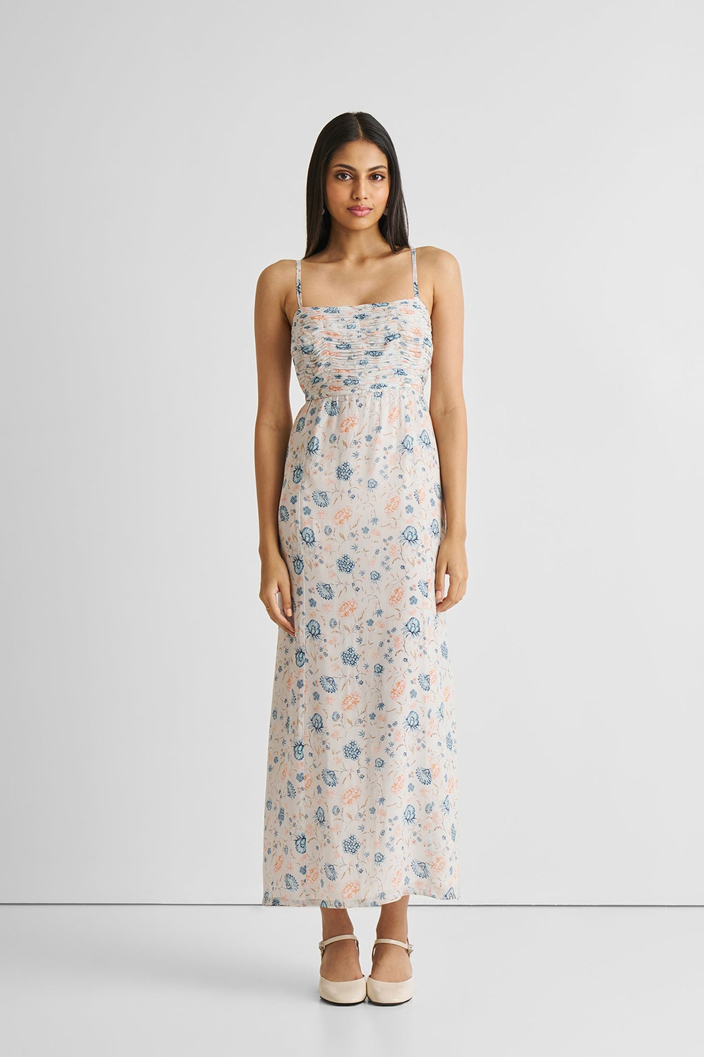 Ruched Floral Strappy Maxi Dress-0