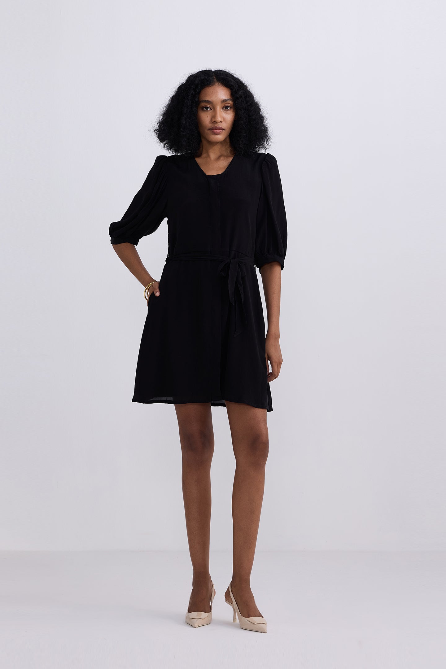 Short Dress with a Waist-tie in Black-0