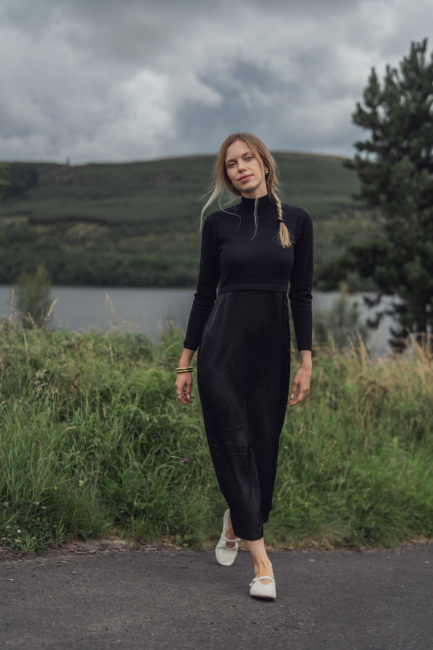 Knit Top Mock Neck Dress-Black-0