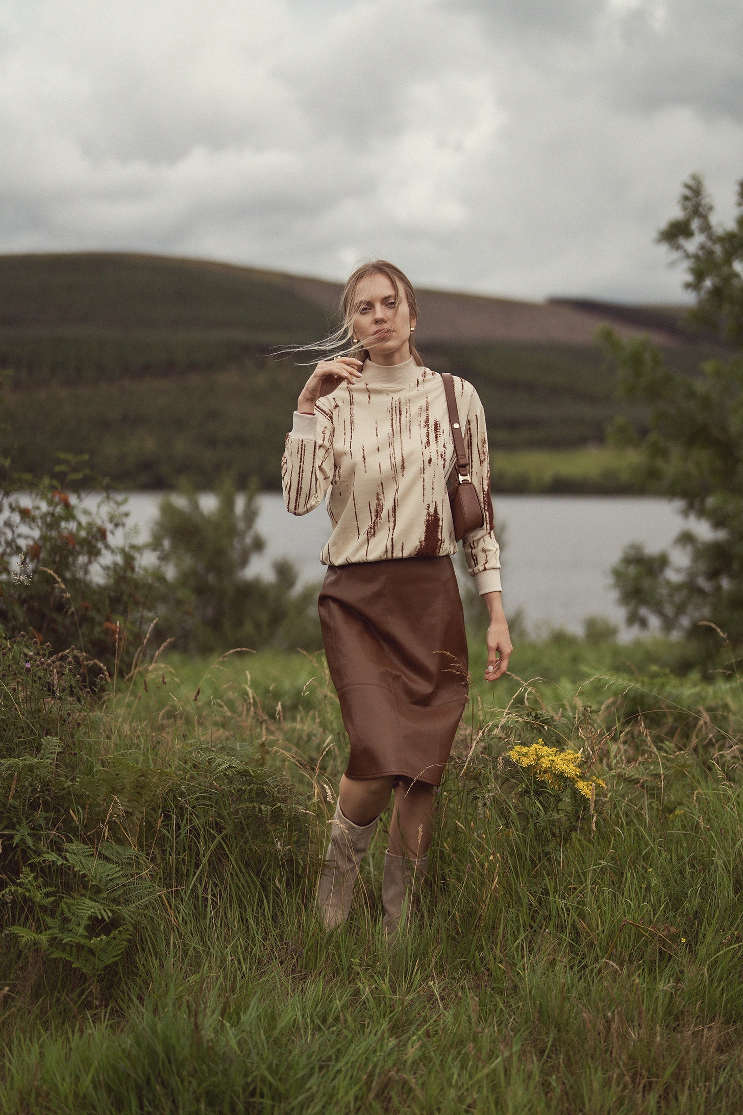 Short A-Line Seamed Faux Leather Skirt-Brown-0