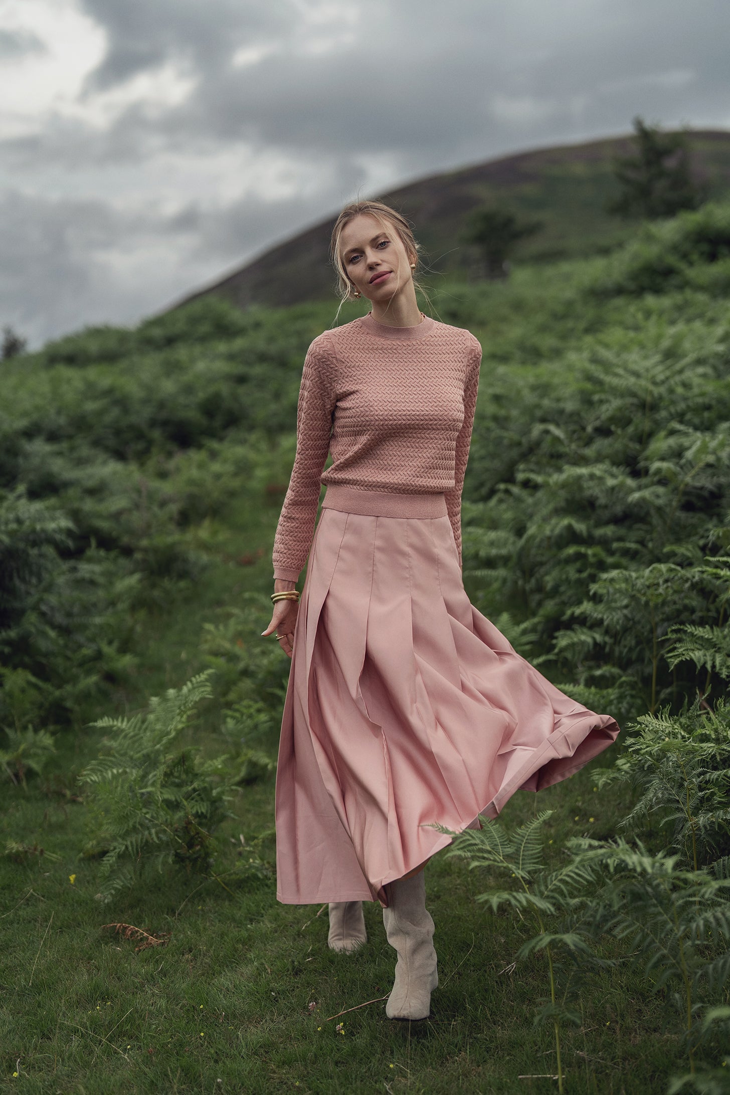Textured Lurex Crew Sweater-Blush-0