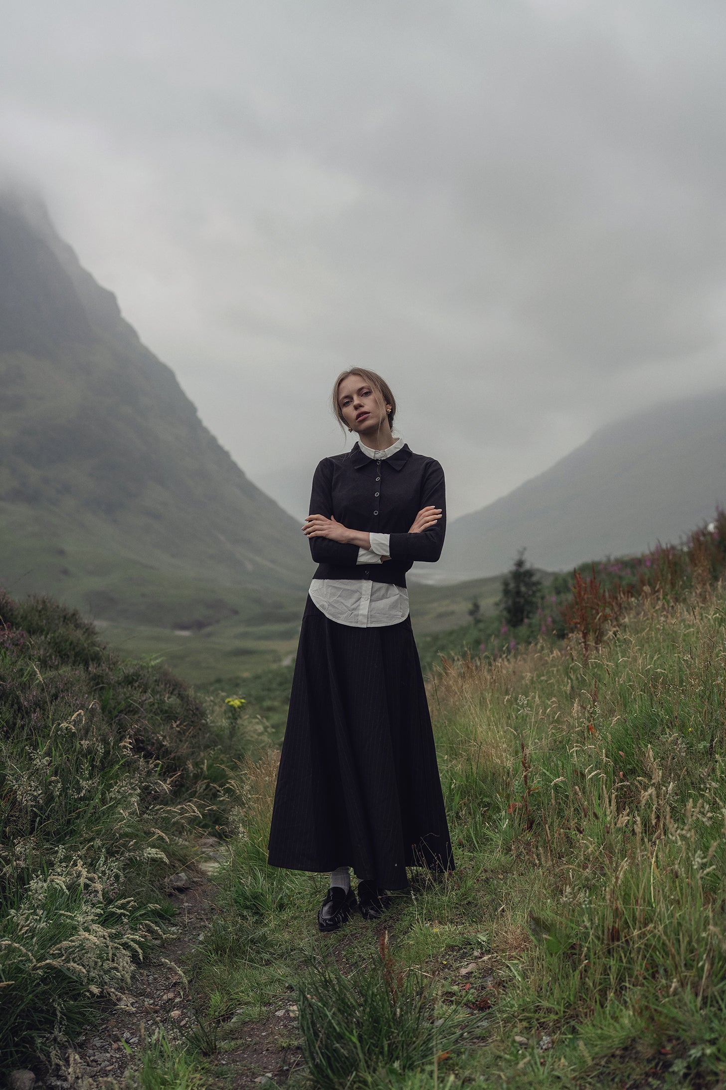Wool Blend Yoke Skirt 37"-Black Pinstripe-0