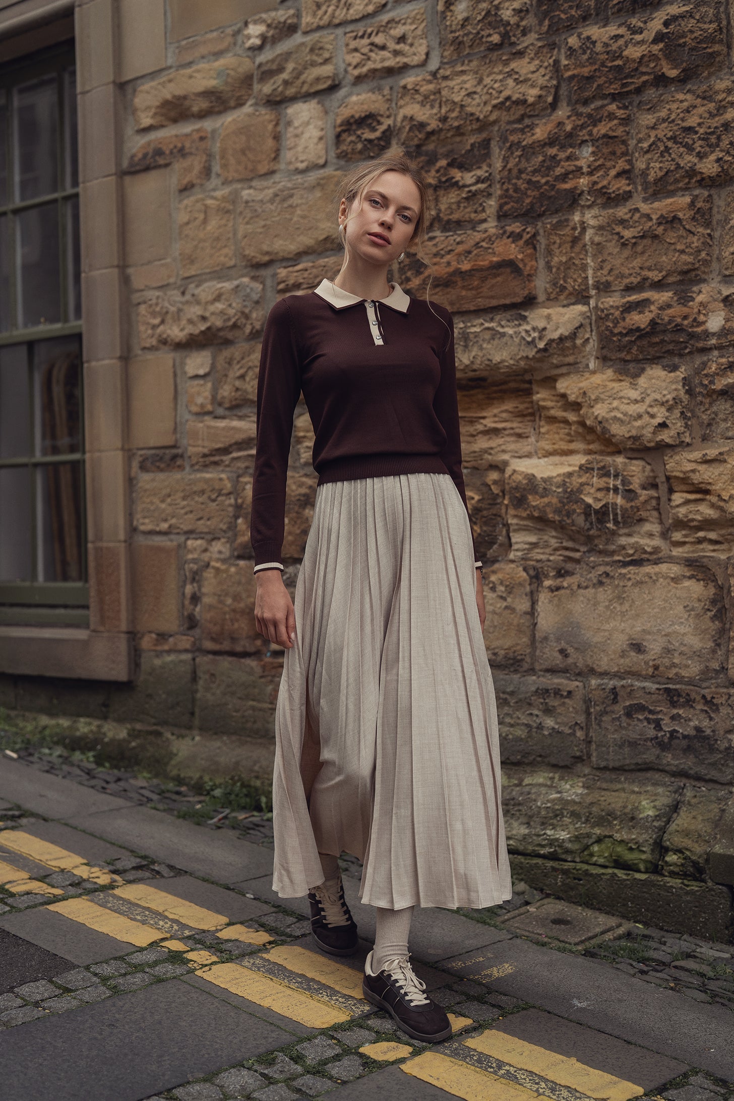 Jewel Button Collar Sweater-Brown/Tan-0