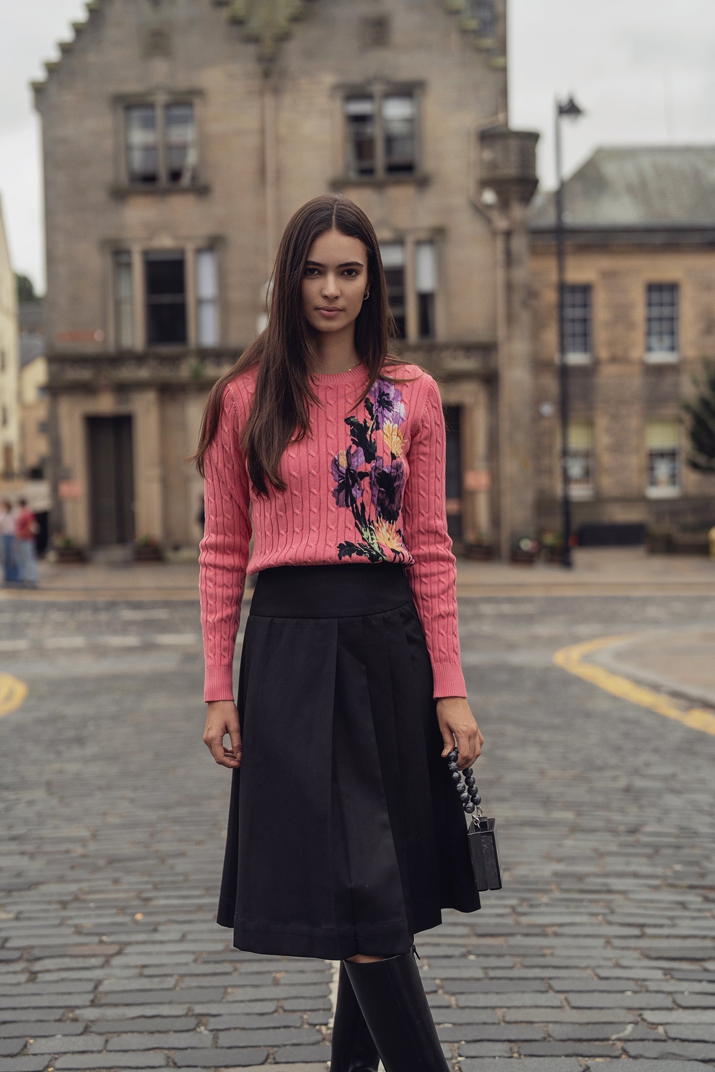 Yoke Pleated Skirt-Black-0
