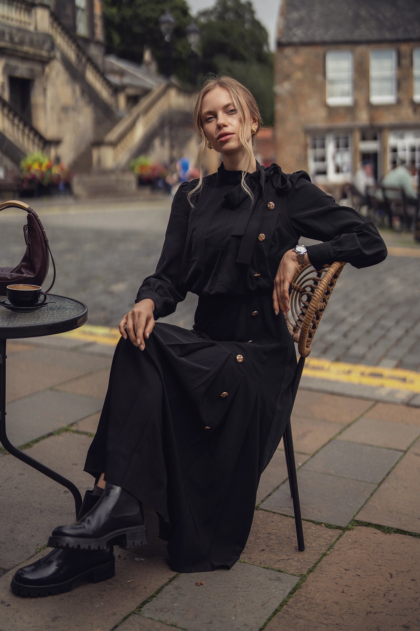 Side Button Pleat Dress-Black-4