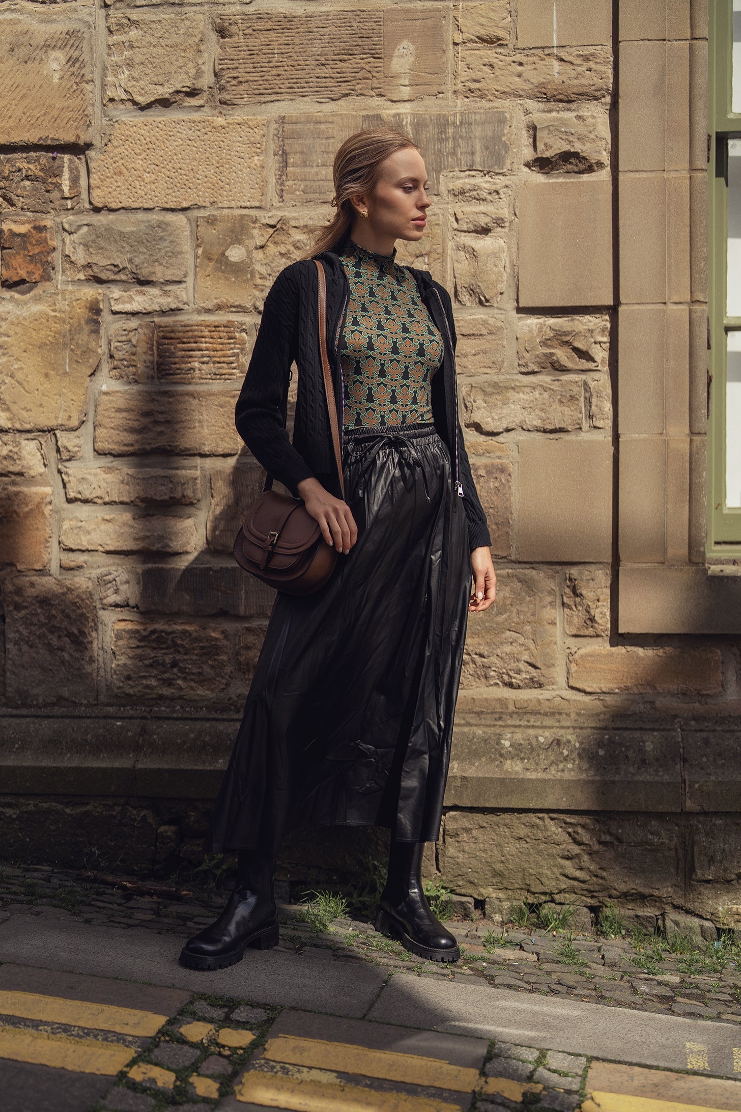 Drawstring Faux Leather Skirt-Black-0