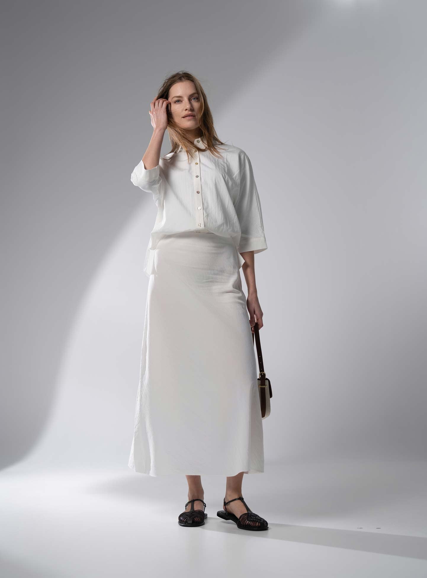 Crinkle Cotton Skirt 37"-White-3