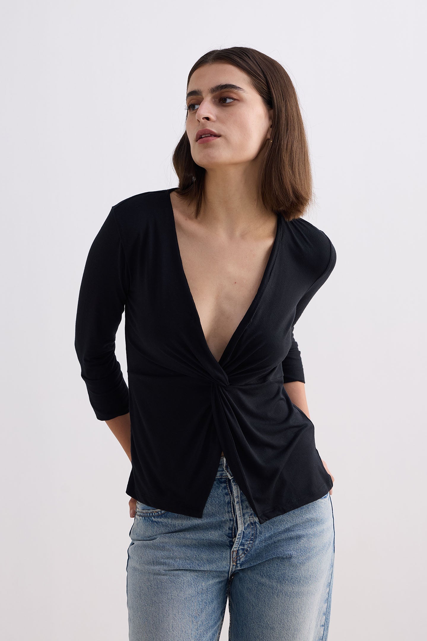 Twist Front Knit Shirt in Black-3
